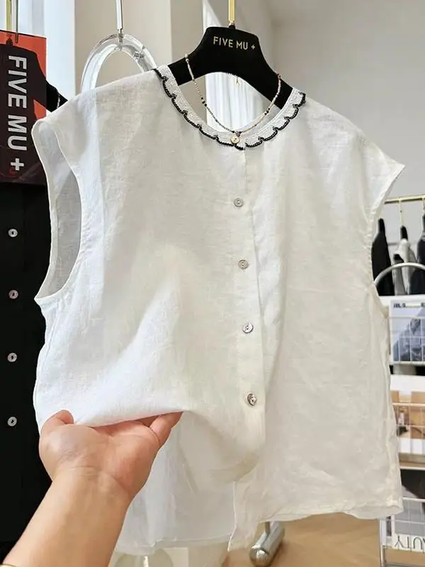 

plus Size 300 Pounds Floral Lace Sleeveless Loose Women's Shirt Summer Cover Belly Slimming Top Casual Style Button Detail
