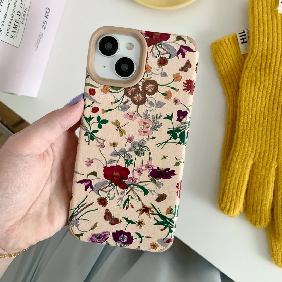 Luxury vintage flowers Leather Phone Case For iPhone 15 14 13 12 11 Pro Max Bumper Shockproof Silicone Back Soft Cover Fundas