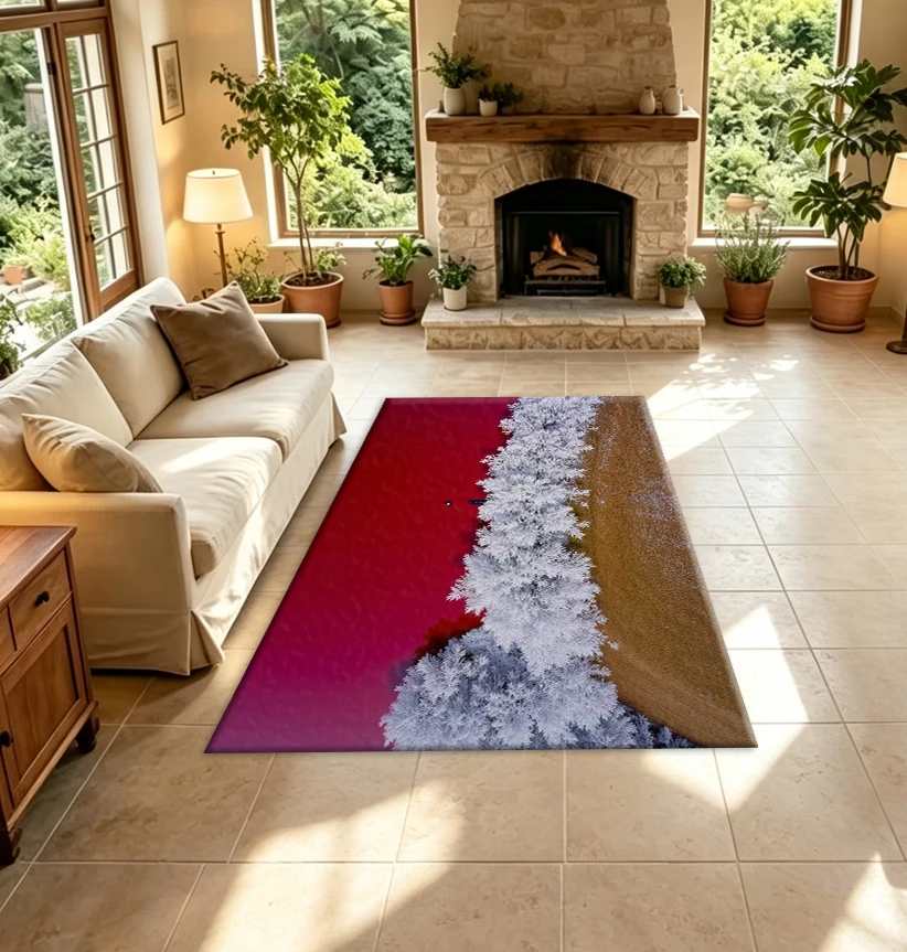 Red Sky and White Trees Landscape Carpet, Aerial Landscape Carpet, Surreal Natural Scenery Carpet, Suitable for Home Room Decoration