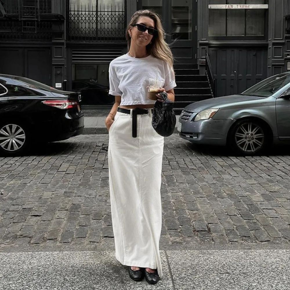 High Waisted Slit Spicy Girl White Midi Skirt Ins Summer New Street Fashion Versatile Solid Color Office Commuting Long Skirt