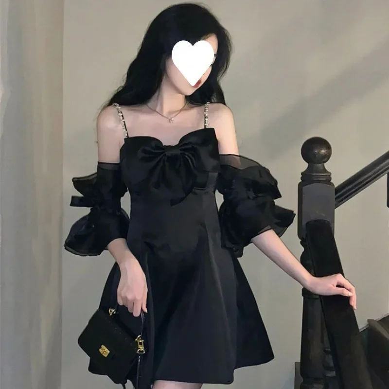 

Korean Style Mini Black Dress Women Off Shoulder Party Dresses Y2k French Elegant Fairy Vestidos Bowknot Mesh Sweet Vestido 원피스