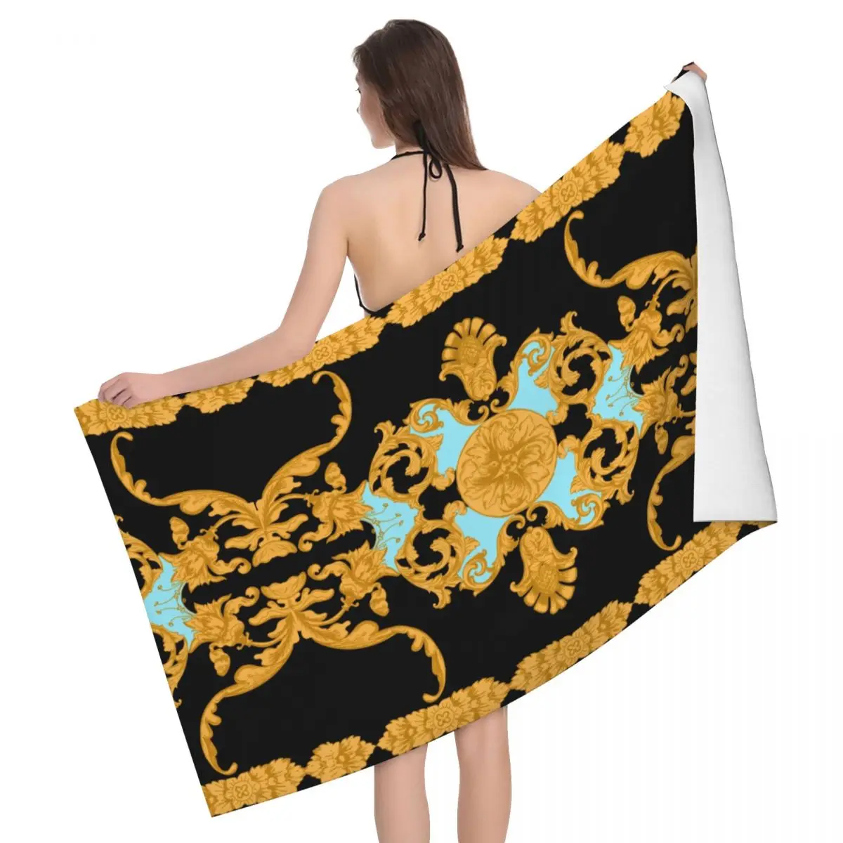 

Seamless Pattern With Golden Baroque Bath Beach Towel Microfiber European Floral Travelling Swimming Camping Towels