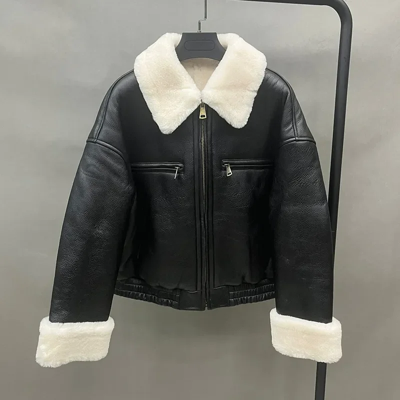 2023 Women's Short Real Shearling Coat Genuine Lambskin Leather Coat Warm Real Wool Winter Double Face Jacket MH5898L