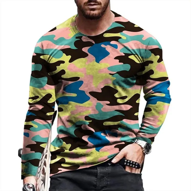 Vintage Camo Pattern 3D Print Autumn Men's Round Neck T-shirt Casual Long Sleeve Oversized T Shirt Fashion Pullover Men Clothing