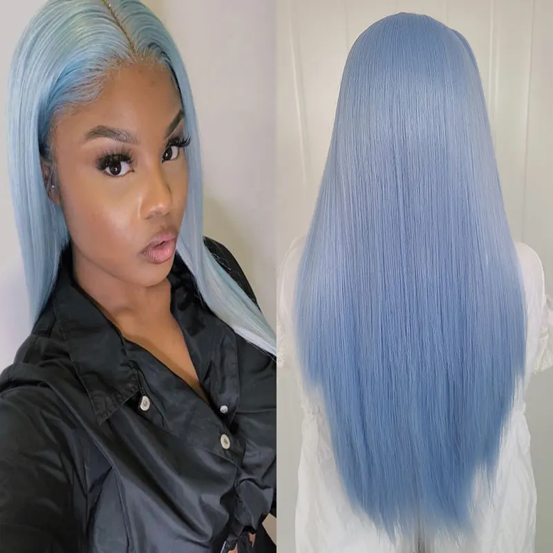 

Light Blue Color Straight Synthetic 13x4 Lace Front Wigs High Quality Heat Resistant Fiber Hair Middle Parting For Women Cosplay