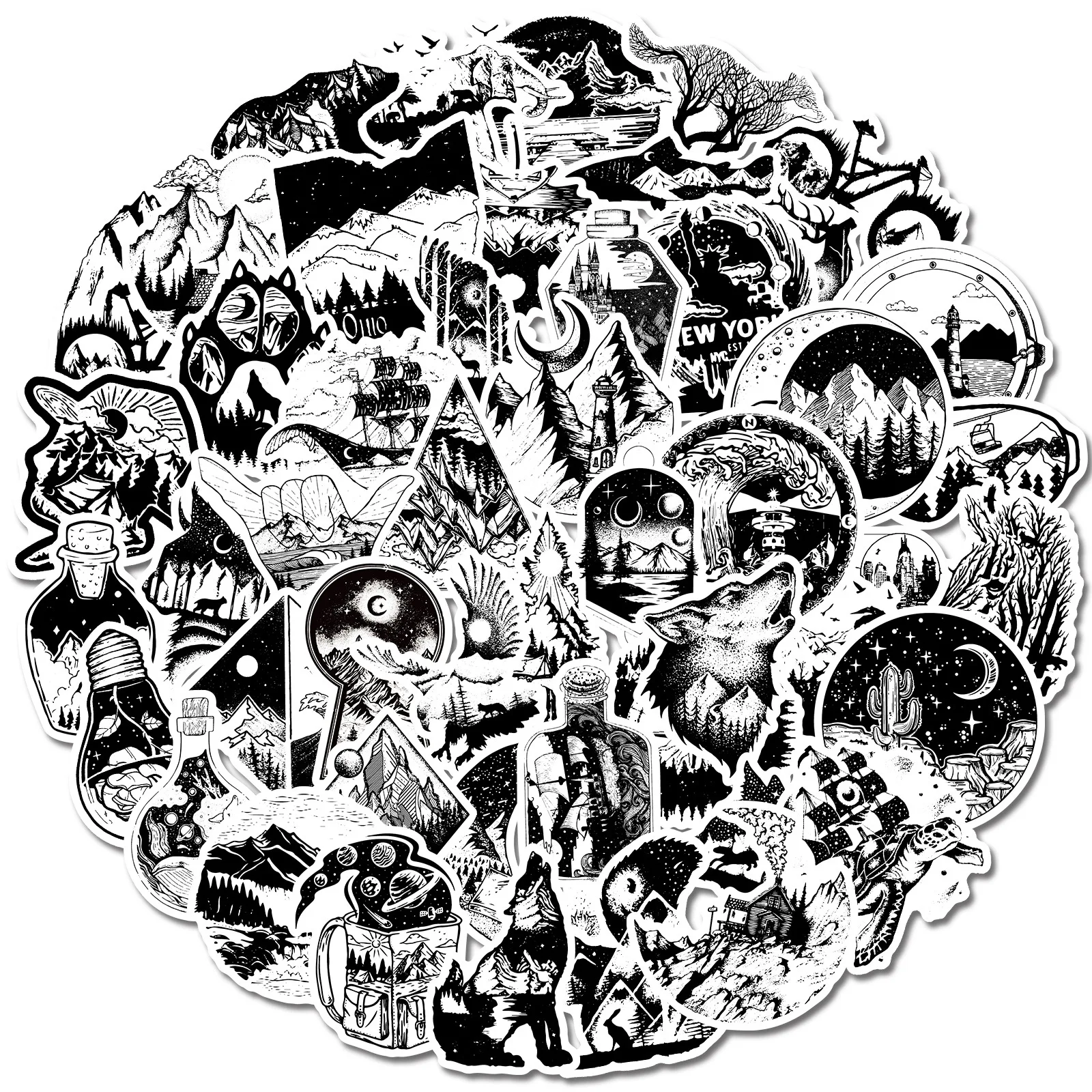 

50 шт. Стикеры для путешествий на открытом воздухе, походы, кемпинг, путешествия, дикие животные, водонепроницаемые черно-белые наклейки, подходит для ноутбуков, телефонов