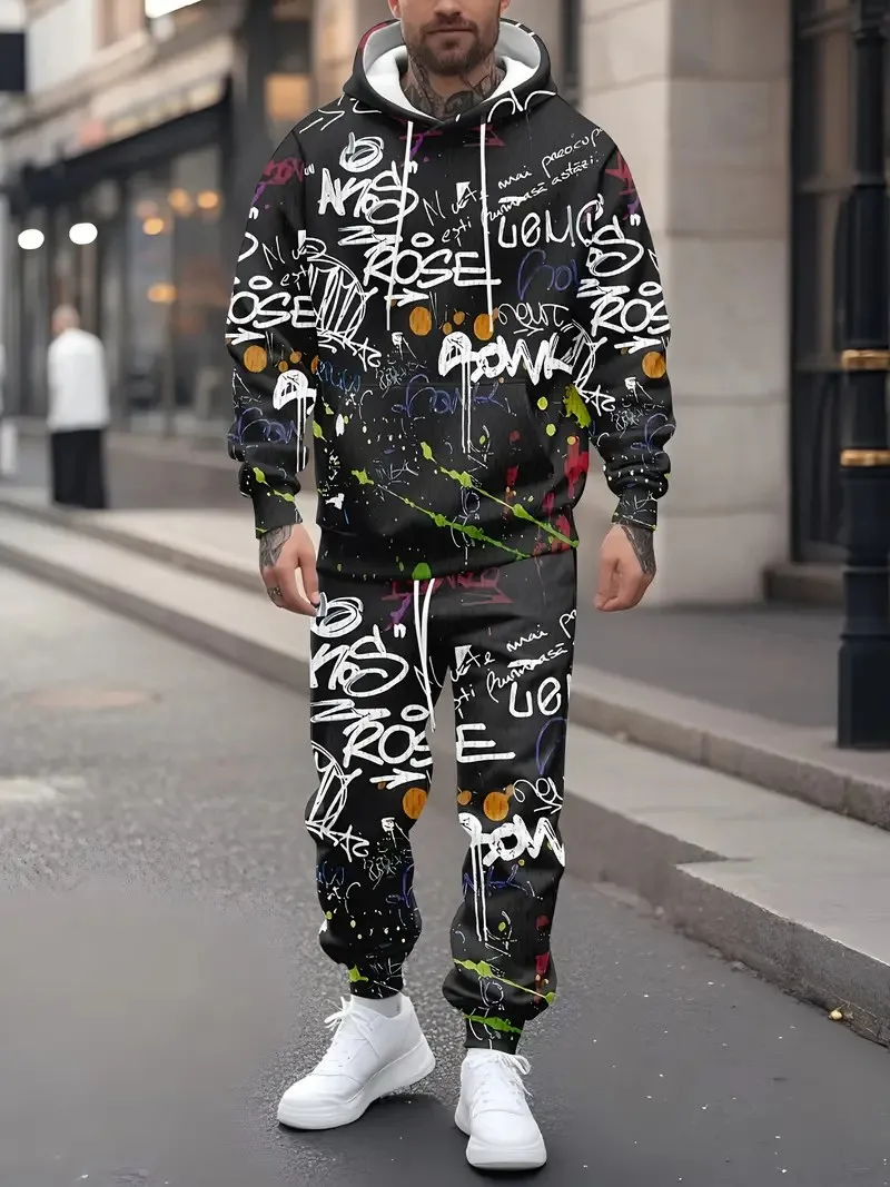 

Новый мужской комплект с капюшоном на весну и осень 2025 — это повседневный модный мягкий и удобный 3D-принт с рисунком граффити.