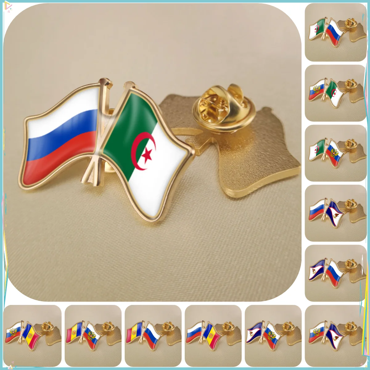 Russian Federation and Algeria American Samoa Andorra Double Crossed Friendship Flags Brooches Lapel Pins Badges