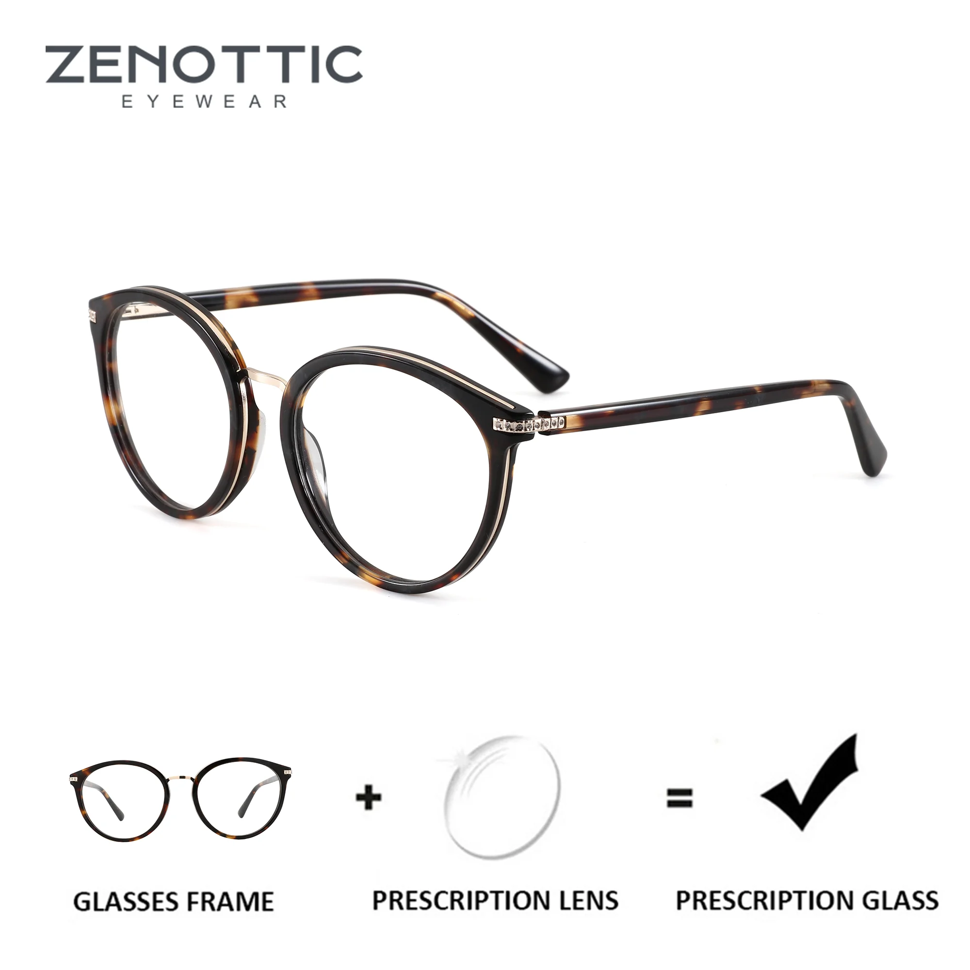 ZENOTTIC (M Size) Acetate Round Prescription Glasses For Women Anti Blue Light Myopia Optical Lenses with Custom Recipe