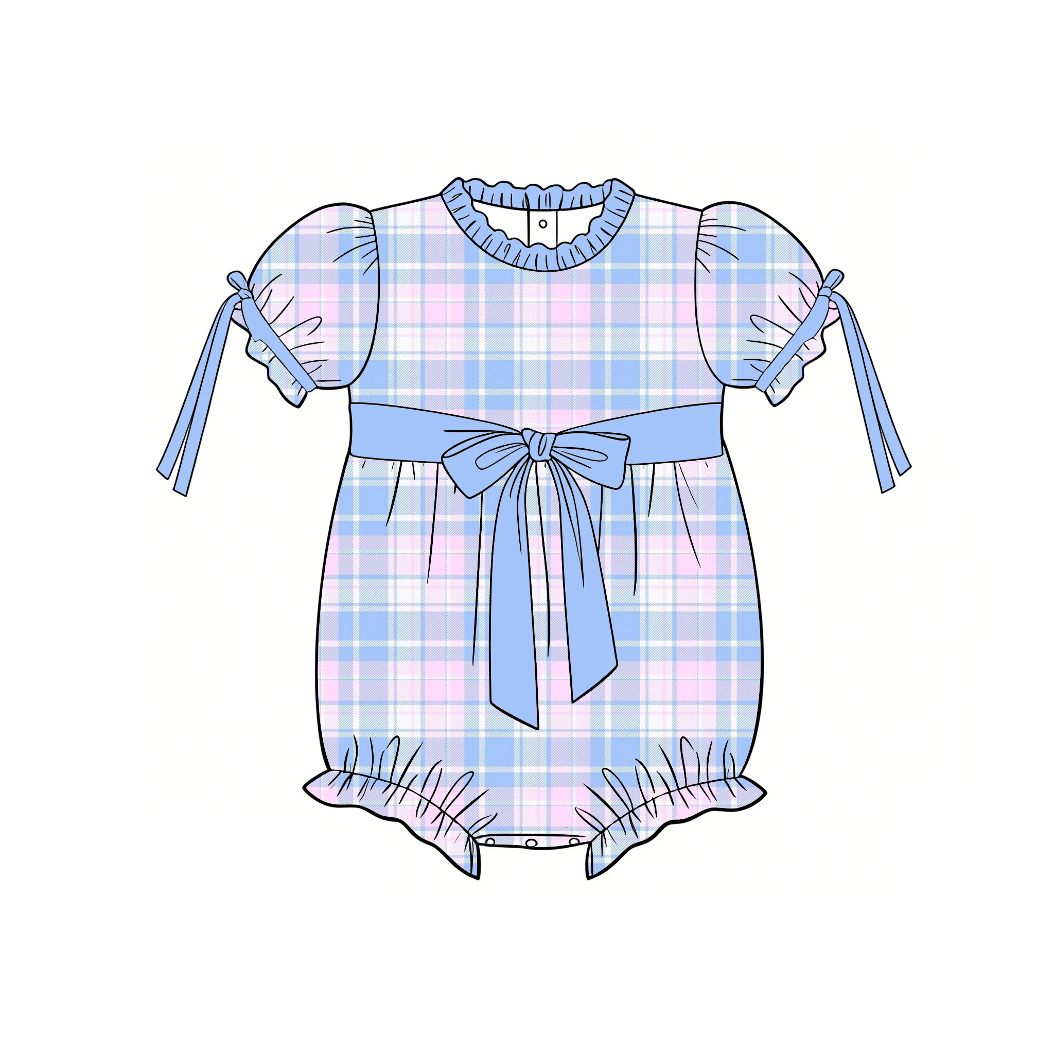 Boutique kid's rompers ruffled collar puff sleeves bow decoration snap Plaid Strawberry print Custom and wholesale