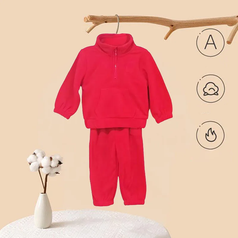 

0-3Y Boys Girls Winter Warm Clothes Set Lapel Zipper Long Sleeve Top + Elastic Waist pants 2PCS Sports Casual suit
