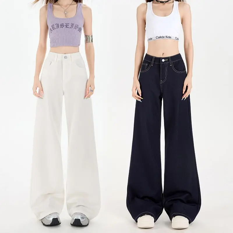 Summer Women's Wide Leg Jeans Retro Patchwork Solid Baggy Straight Leg Denim Adjustable Waist High Quality
