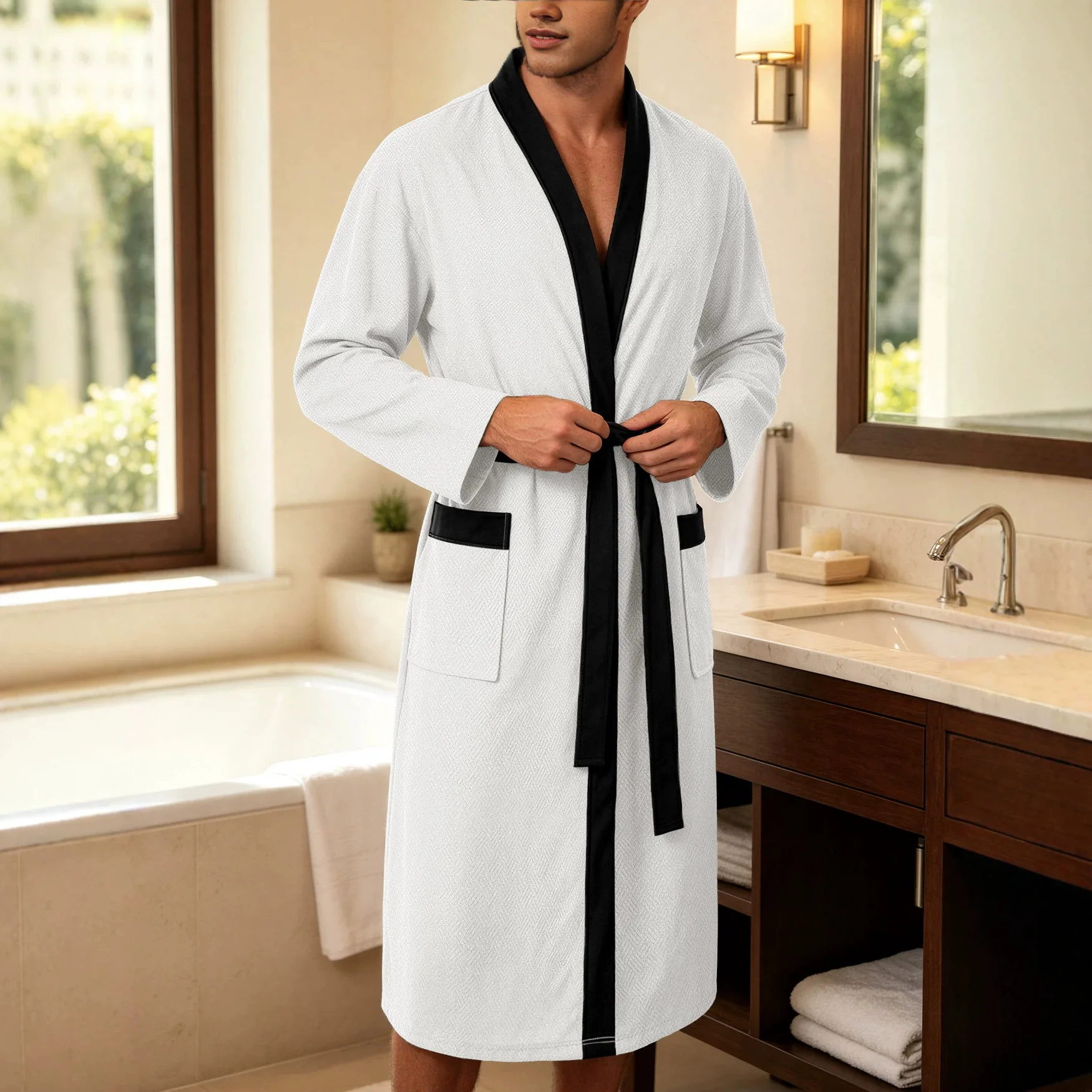 Men's Hotel Bathrobe Terry Long Sleeve Kimono Robe Pocket Lounge Sleepwear Hotel Spa Robe Towel Bathrobe Homewear Belt Bath Gown
