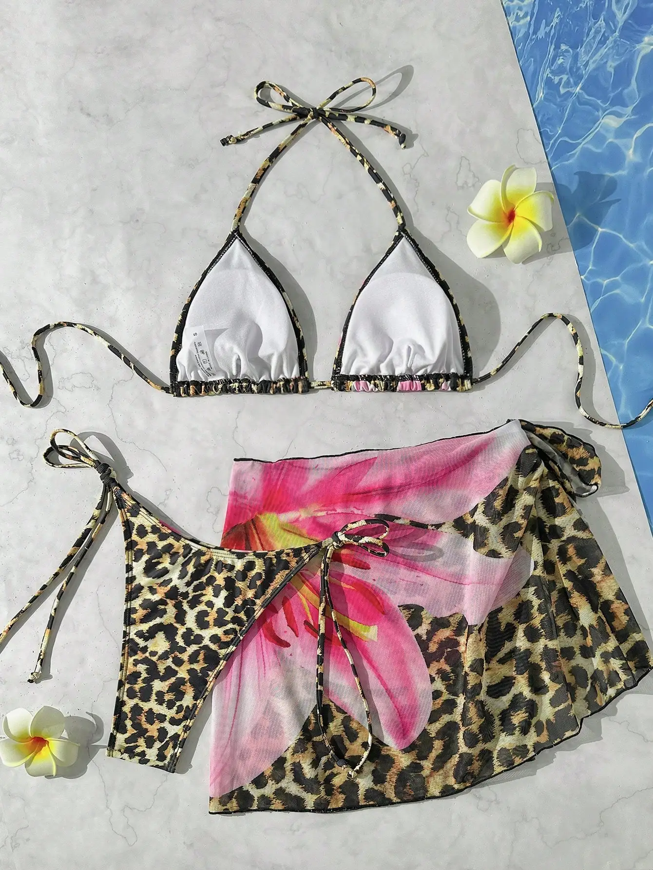 

3pcs Leopard Floral Print Adjustable Bikini Set With Sarong Cover Up For Beach Party
