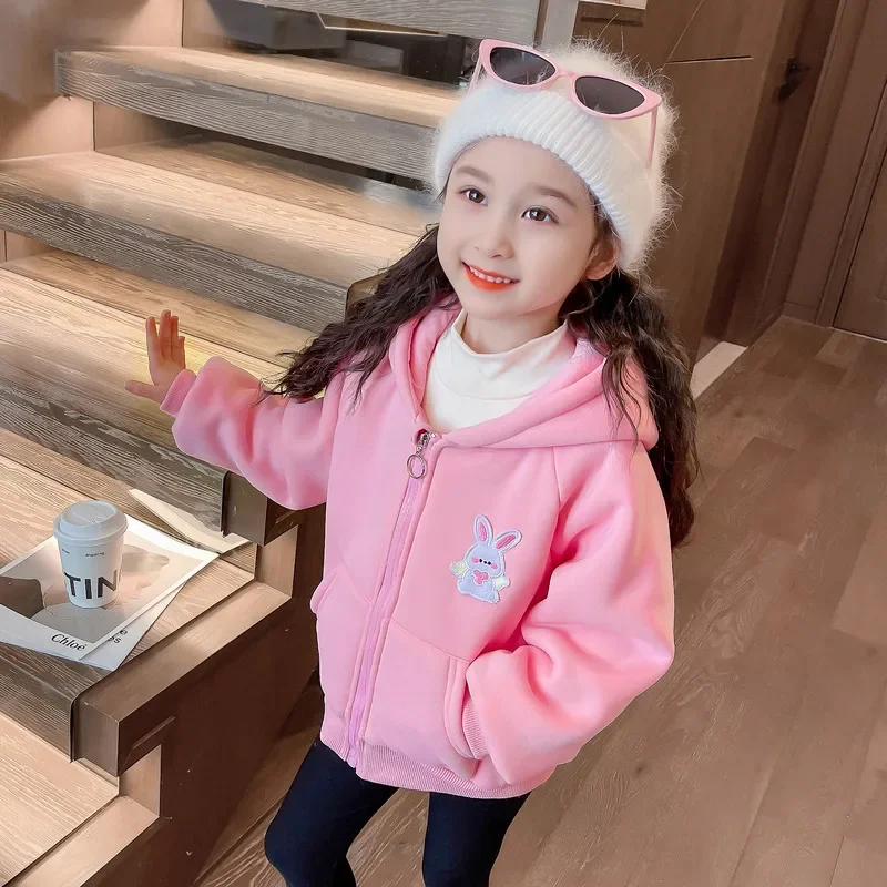 

2024 Autumn Winter Baby Girls Coats Cartoon Children Hooded Jackets Kids Clothing Warm Plush Princess Outerwear Casual Costumes