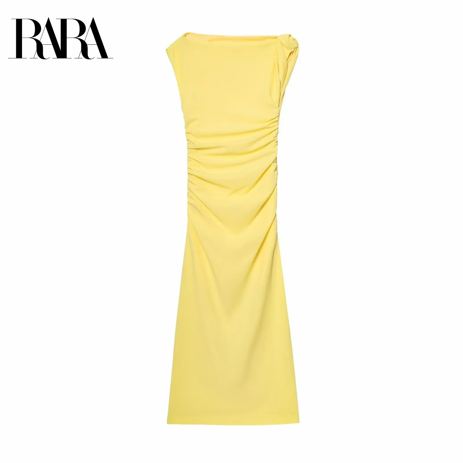 

RARA Women's French - style Simple Asymmetric - shoulder Midi Slim - fit Dress with Waist Pleat Decoration Stylish and Elegant