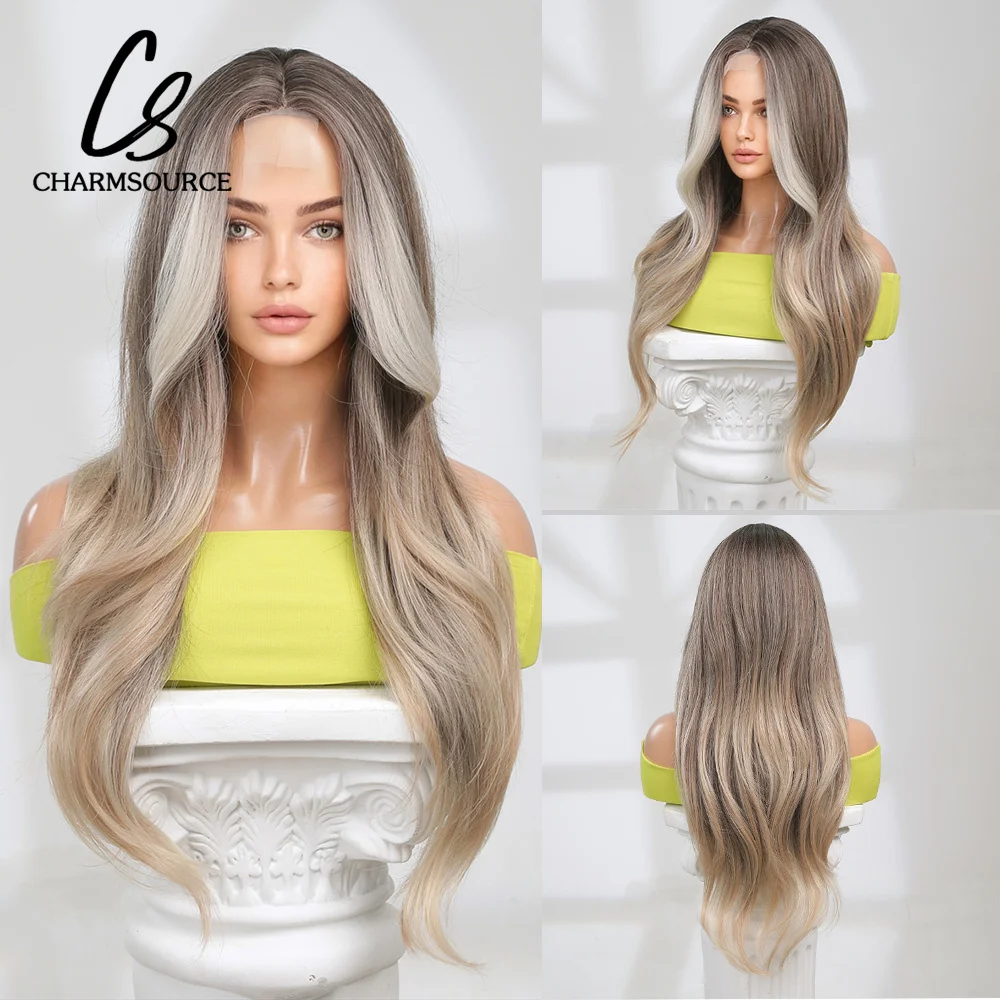 

CharmSource Synthetic Wig Brown Ombre Blonde Long Wavy Middle Part Hair Daily Heat Resy High Density Heat Resistant Fiber