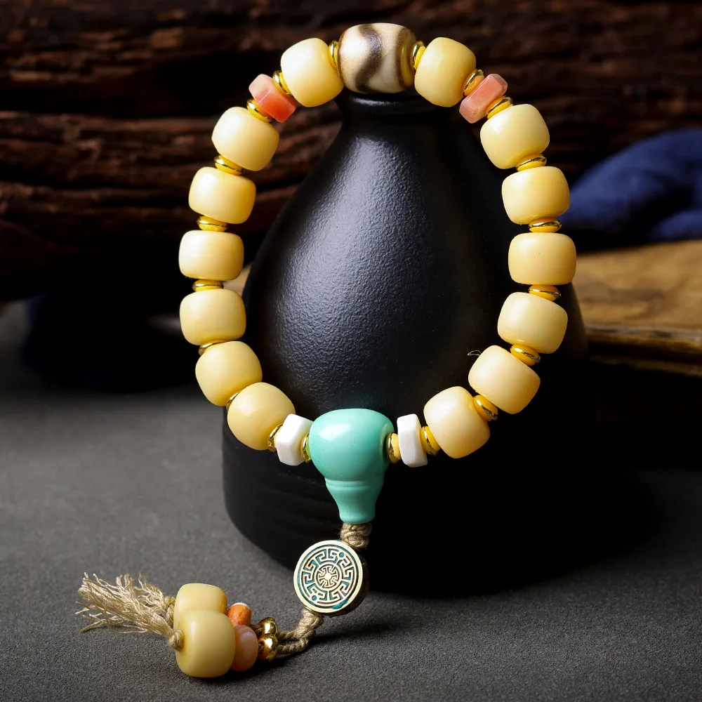 New Bone Bead Bracelet with Tiger Tooth Dzi Rhodochrosite Turquoise Three Hole Tibetan Style Hand String Gifts