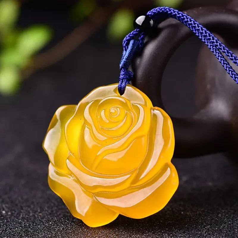 

Natural Agate yellow Rose Pendant Beads Necklace Charm Jewellery Fashion Accessories Hand-Carved Man Woman Luck Amulet Gifts