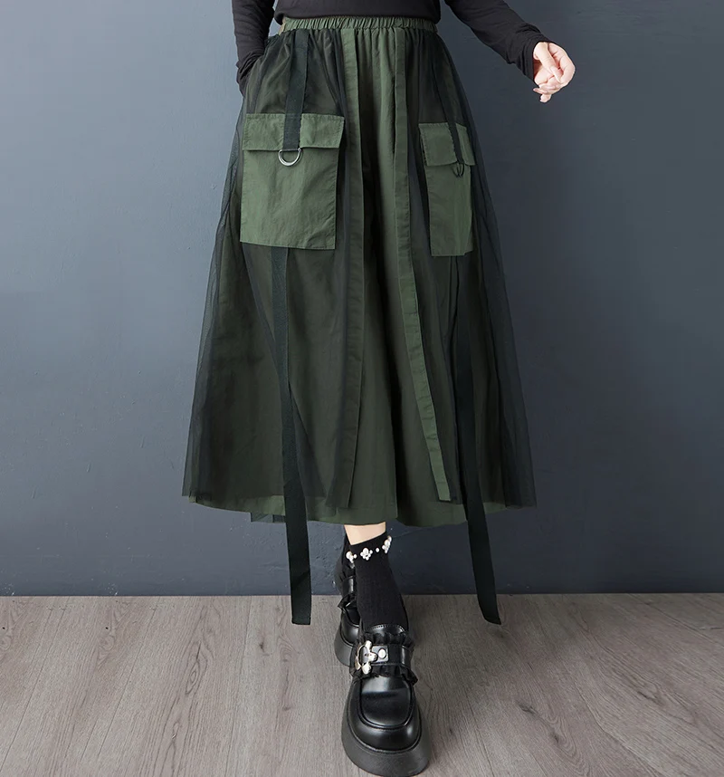 Patchwork Mesh Green Vintage High Waist Wide Leg Pants Women New Spring Autumn Casual Loose Trousers Fashion Streetwear 2026
