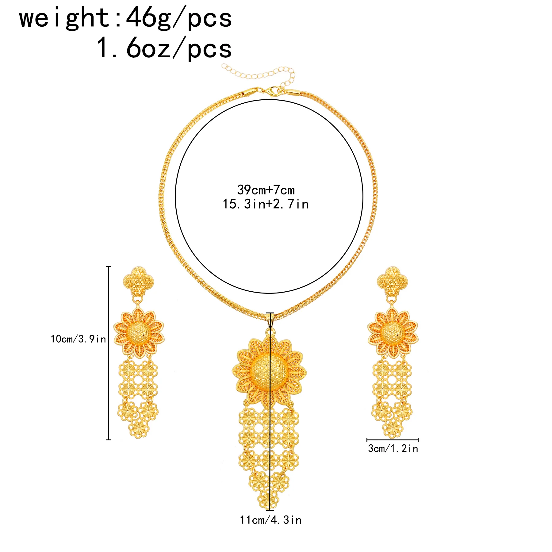 Ethiopian Sunflower Tassel Jewelry Set Gold Color Hollow Flower Necklace Earrings Dubai Nigeria Wedding Party Jewellery
