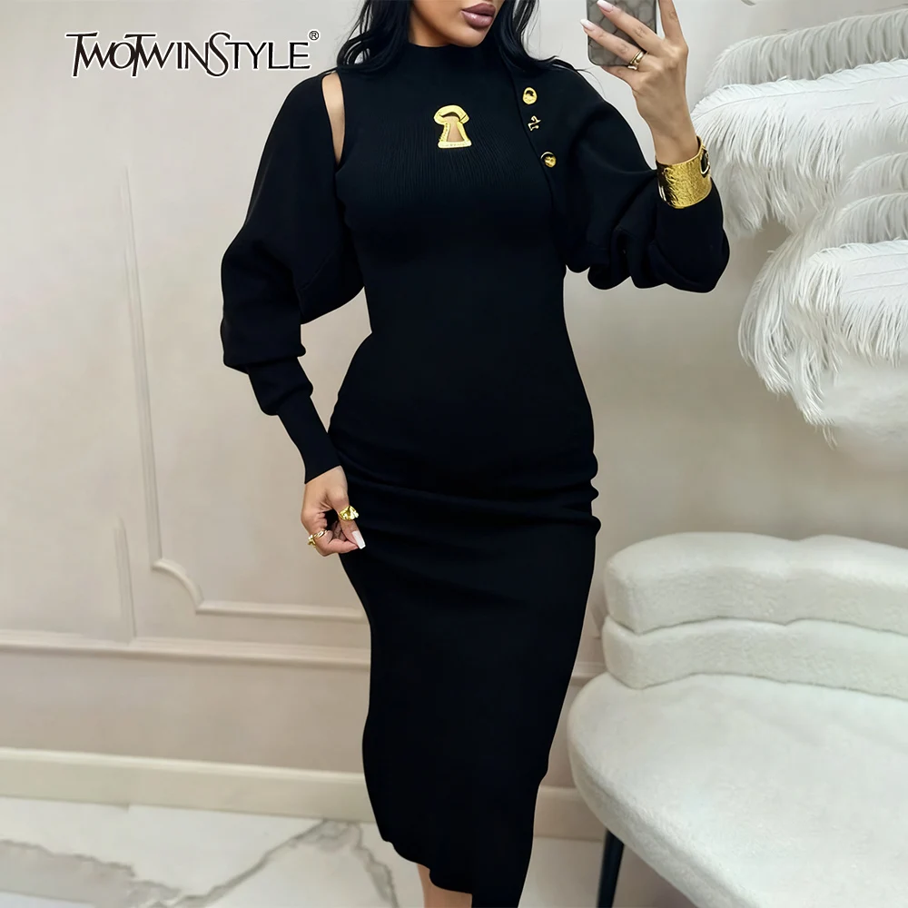 TWOTWINSTYLE 無地 スプライス ショール シック ドレス 女性用 タートルネック ノースリーブ スリム エレガント ストリートウェア レディース ワンピース ファッション 新作