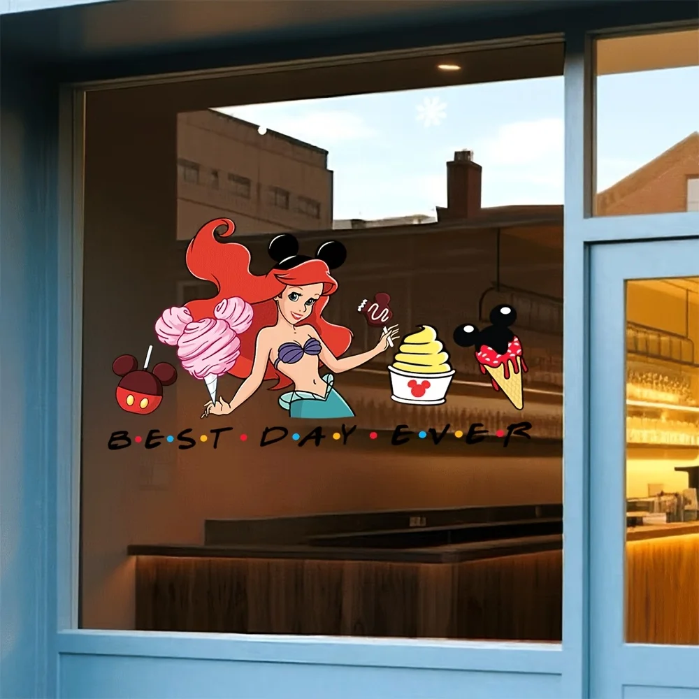1 ملصق نافذة ديزني بيوتي آند ذا بيست آرييل، يتميز بوجبات خفيفة ونص ميكي ماوس - مناسب للزجاج والجدران والثلاجات والمرايا وديكور الغرفة