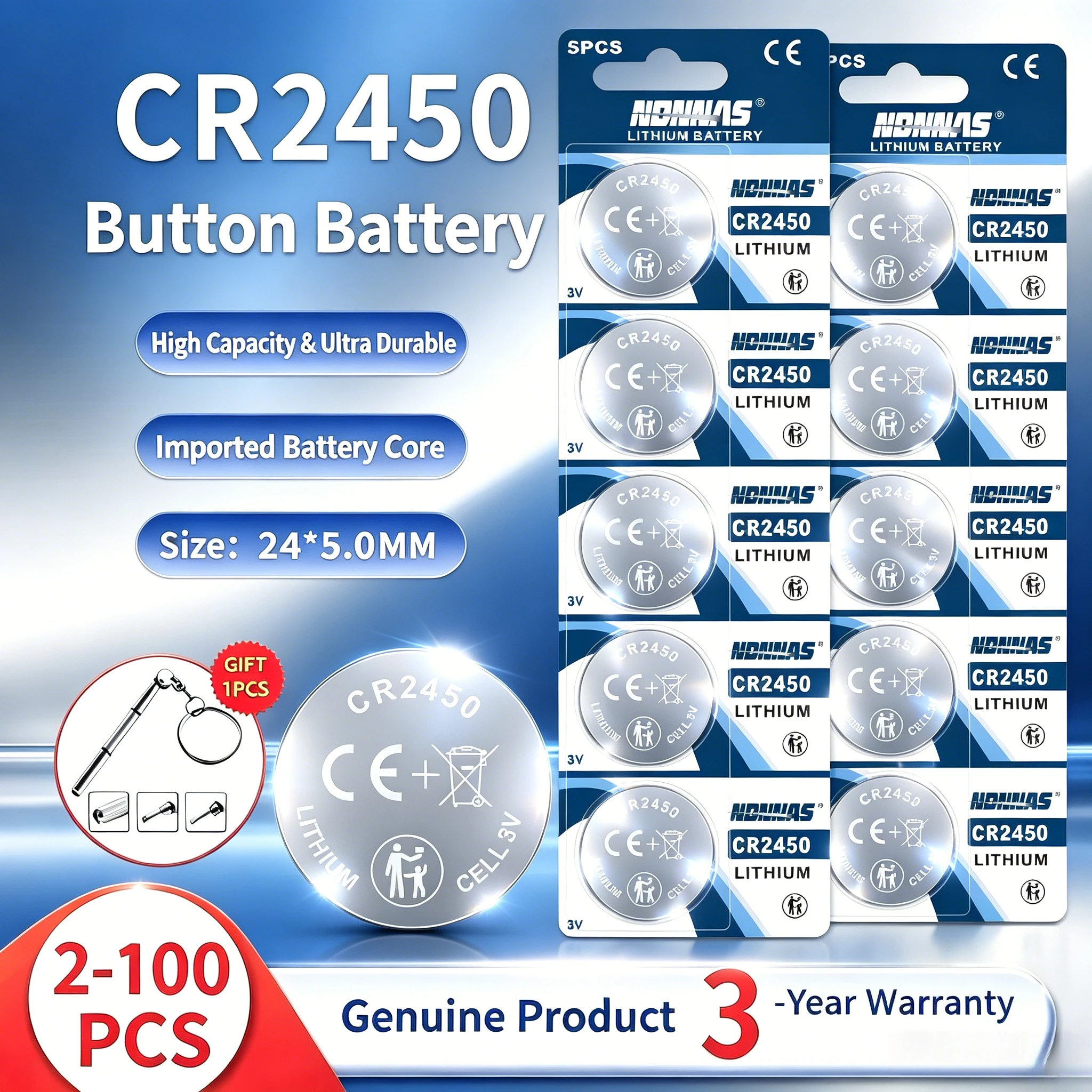 1-100PCS CR2450 Battery 3V Lithium 625mAh Coin Cell Batteries with BR2450 LM2450 5029LC for Remote Watch Batteries