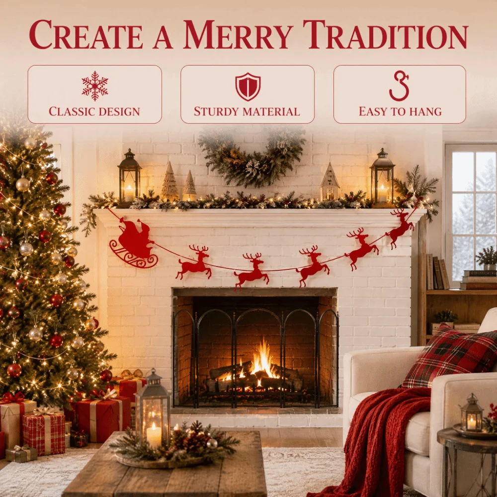 Gift Felt Christmas Banner Santa Sleigh Vintage Bunting Pull Flag Lightweight Classic Hanging Decor Home Decoration