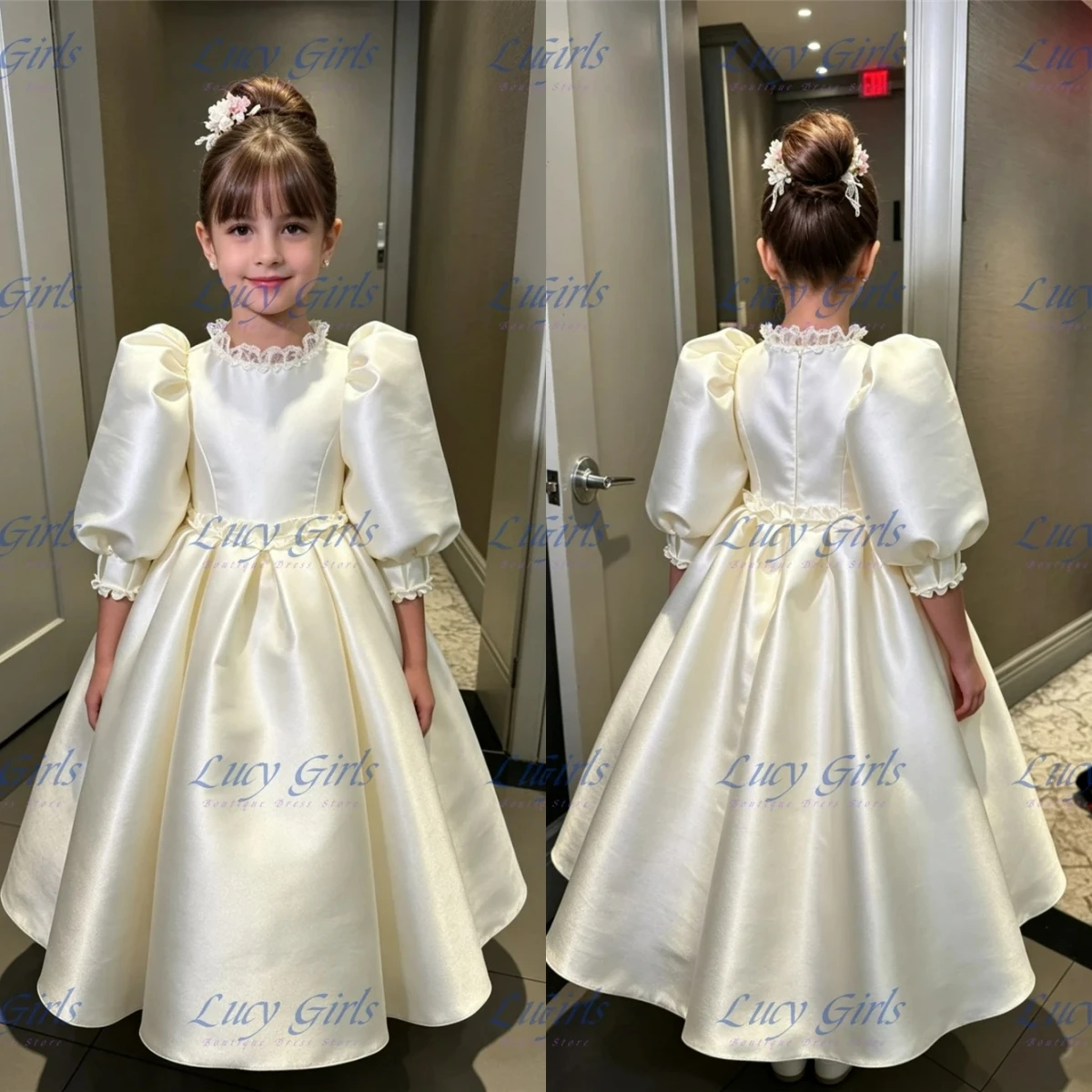 Elegantes Elfenbeinfarbenes Blumenmädchenkleid aus Satin mit Puffärmeln und Spitzenkragen für Mädchen, schulterfreies Abendkleid für Hochzeit und Erstkommunion