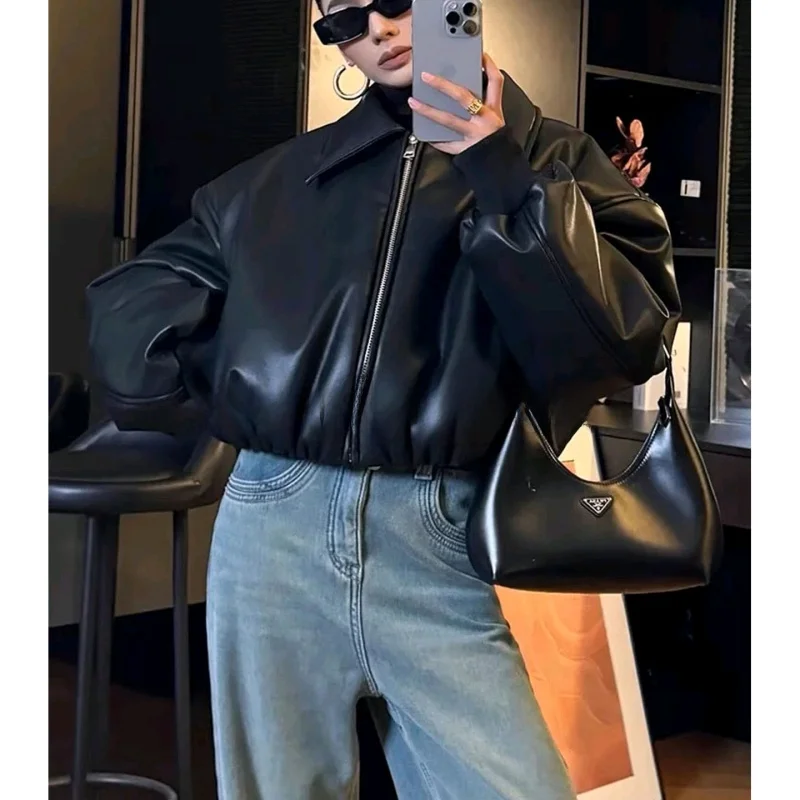 Fall New Women's Motorcycle Sle Zipper Collar Long Sve PU Leather Pilot Jaet Coat Loose Fit Regular Sve Long Zipper