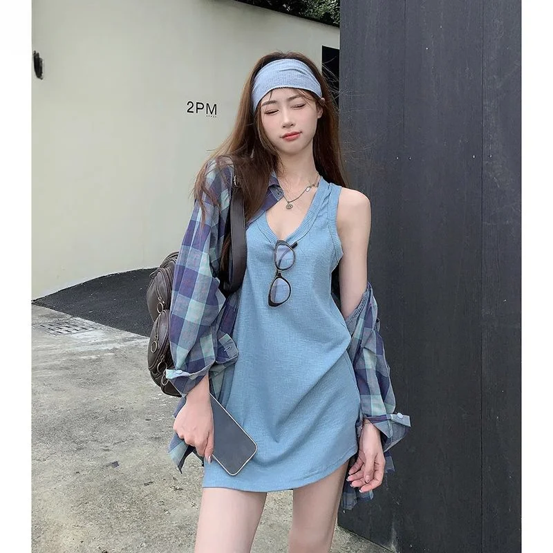 Two Piece Retro Contrasting Plaid Sunscreen Shirt 2024 Women's Summer New Sleeveless Vest Loose Cardigan Female Clothing