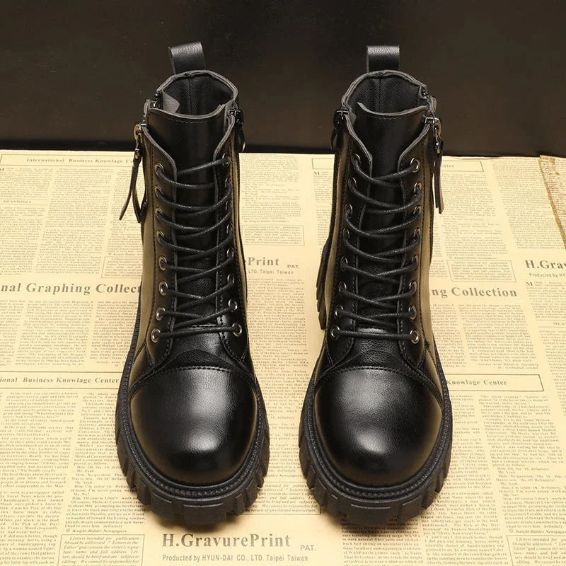 2023 New Women's Pu Leather Ankle Boots Women Autumn Winter Round Toe Lace Up Shoes Woman Fashion Motorcycle Platform Botas PU