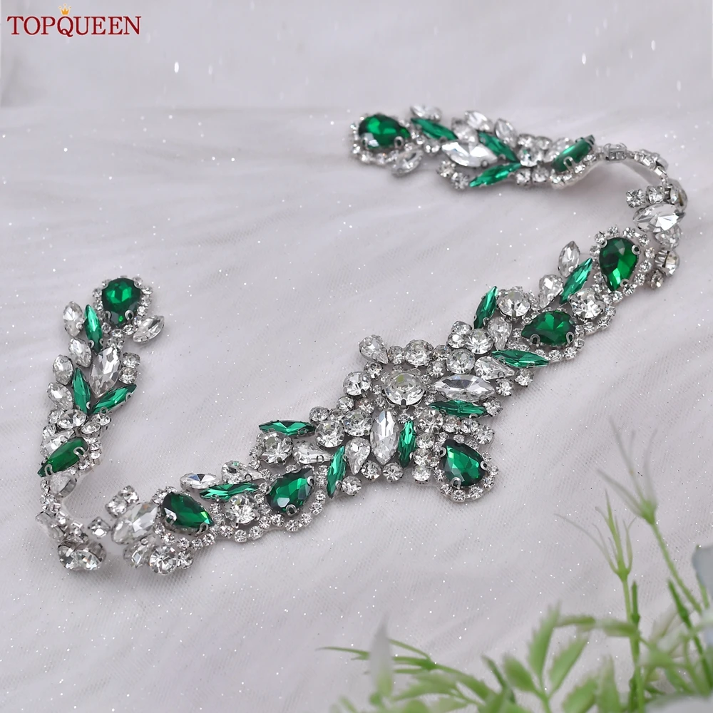 TOPQUEEN-Strass Cinto De Noiva Para Mulheres, Diamante Verde, Acessórios De Vestido De Noiva, Faixa, Vestido De Festa, S462-KL