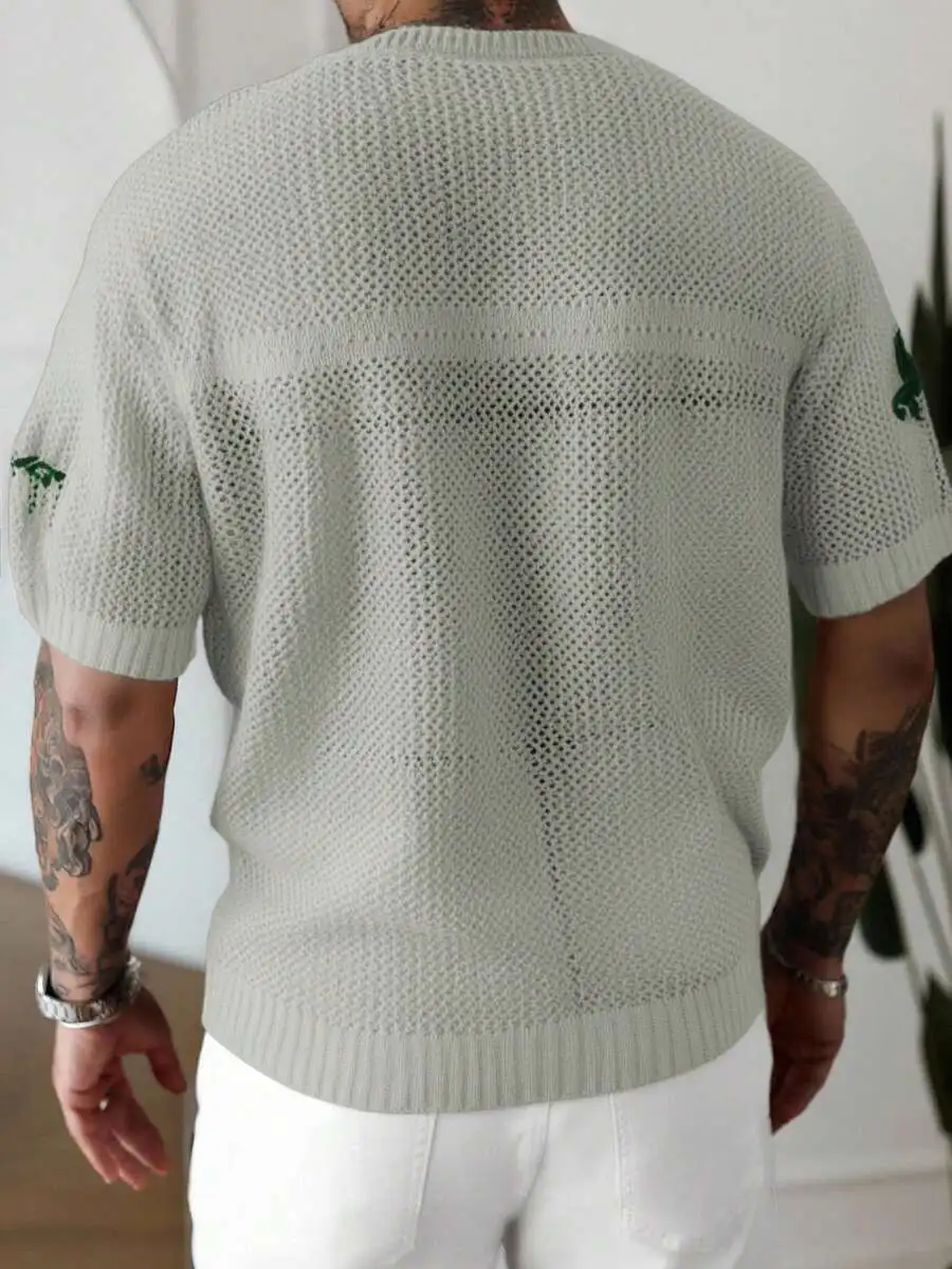 Men's V-Neck Short Sleeve Knitted Top with Bold Number Print and Hollow-Out Mesh Design