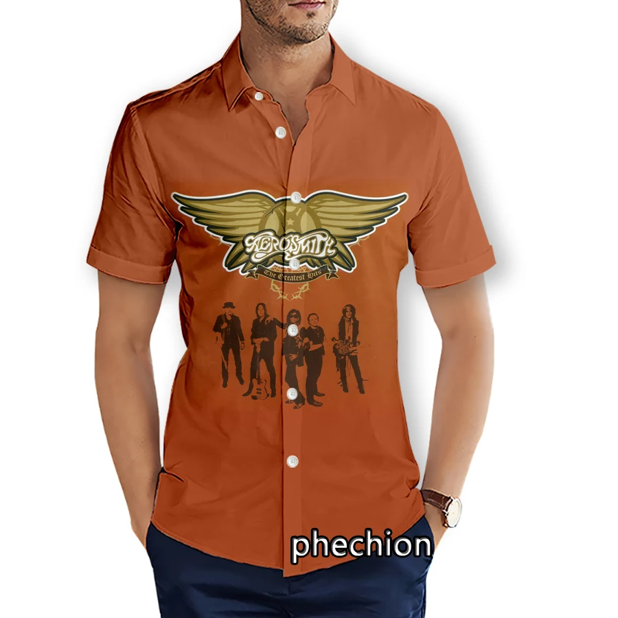 

phechion Mens Short Sleeve Beach Shirts Aerosmith Band 3D Print Casual Shirts Fashion Streetwear Men Tops X296