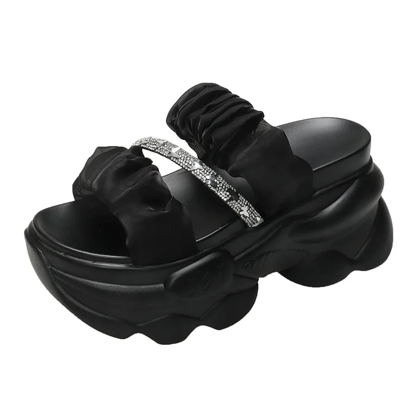 

9CM Women's Summer Chunky Slippers Fashion Thick-Bottom Sandals Bling Wedge Heels Flip Flops High Platform Beach Slides Zapatos
