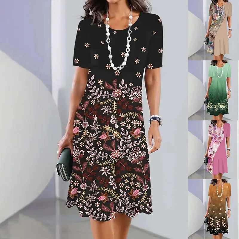 Women Slim Summer 3D Floral Loose Vintage Sexy Elegant Befree Dress Boho Casual Party Party Midi Short Sleeve Dresse