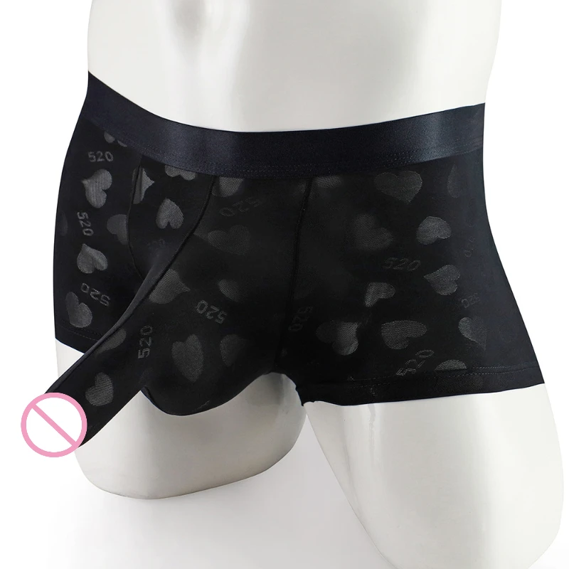 Men's Boxers Elephant Nose Bullet Separation Panties Thin Love Shaped Jacquard Sexy Underwear Translucent Bikini Slip Homme