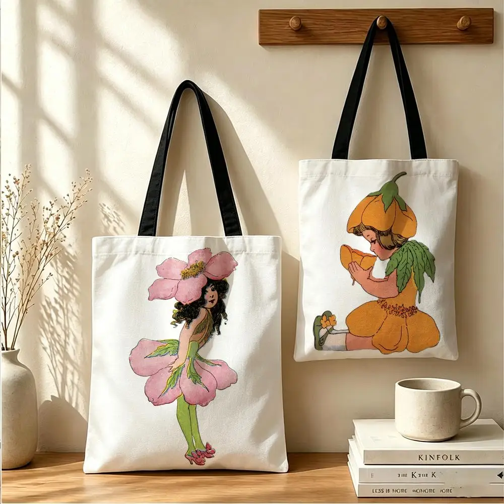 Fairy Tale Flower Characters Storage Bags Double-Sided Printed Canvas Tote Bag Eco-Friendly Reusable Large Capacity Handbag