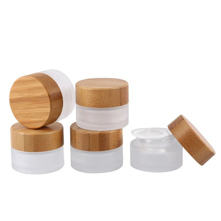 5 stks/partij 15/30/50/100/150/200g Massief Houten Bamboe cover Cosmetica Gezichtscrème Fles Matglas Crème Potten Groothandel