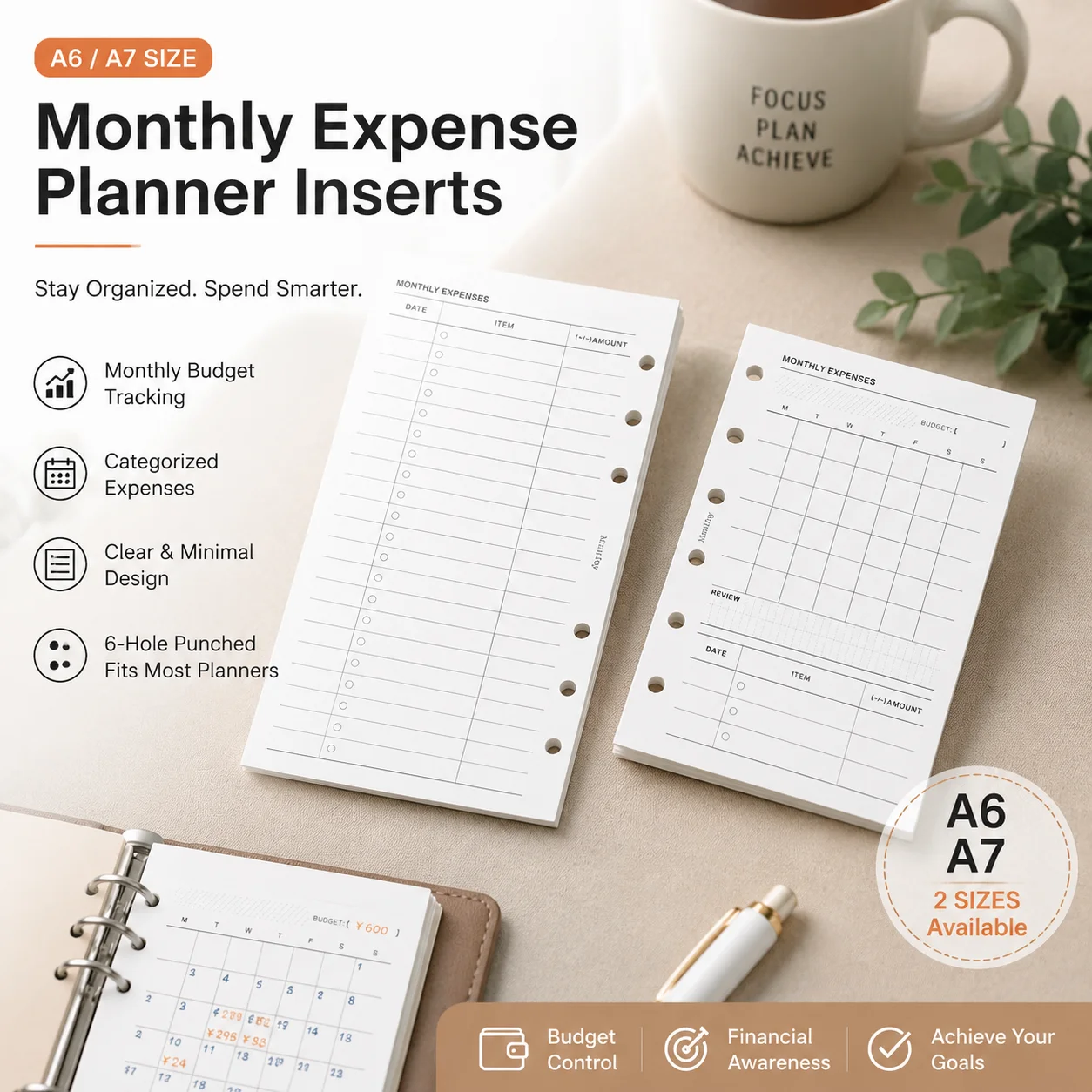 40sheets A6 A7 Monthly Expense Classification Budget Tracker Loose Leaf Paper Minimalist Category Accounting Finance Budget