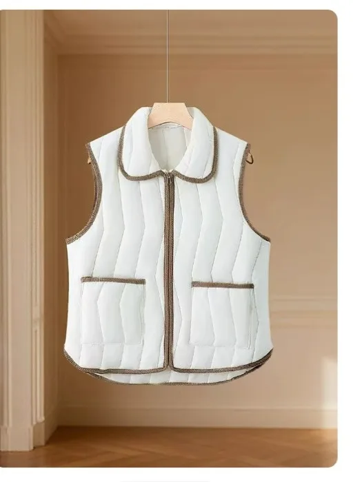 두꺼운 칼라 여성 조끼 가을 패션 슬림핏 컬러 블록 보온 백리스 소형 재킷 겨울 출퇴근 스타일