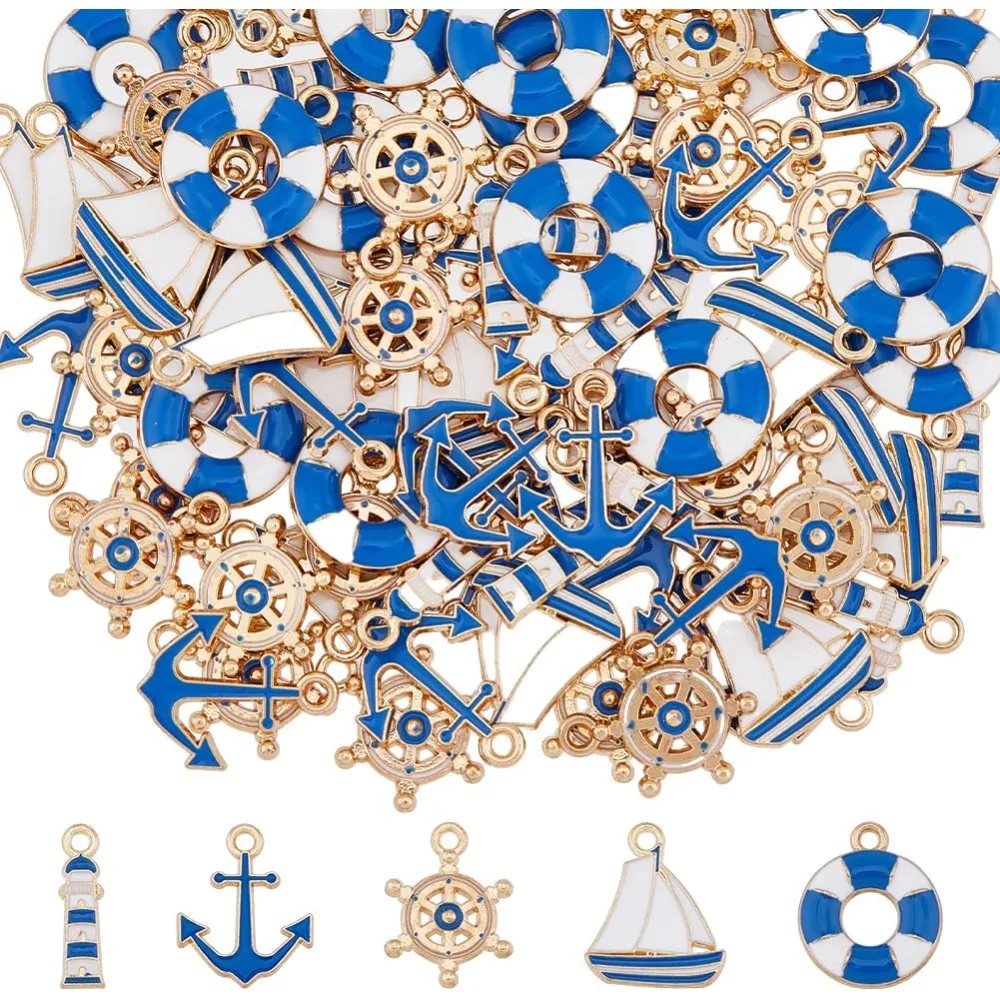 

80 шт., 5 стилей, эмалированные морские подвески, коллекция, подвески из легкого золотого сплава, спасательный круг, маяк, якорь, шлем, комплект подвесок для парусной лодки