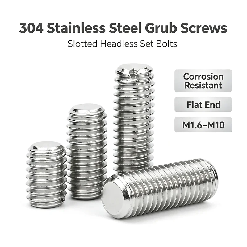 Corrosion Resistant 304 Stainless Steel Flat End Grub Screws Slotted Headless Set Bolts M1.6‑M10 Fasteners
