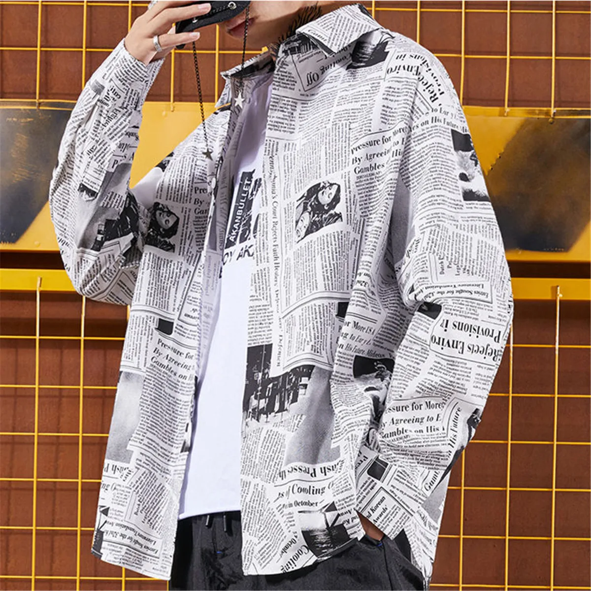 Cool Newspaper Print Shirt Men Gothic Oversize Shirts Japan Funny Shirts Long Sleeve Loose INS Tops Summer Punk Harajuku Shirt