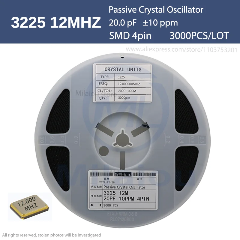 

1 Full Reel 3225 12MHz 4pin 20pF 10PPM Passive SMD Quartz Resonator Crystal Oscillator 3000Pcs BRAND-NEW Golden