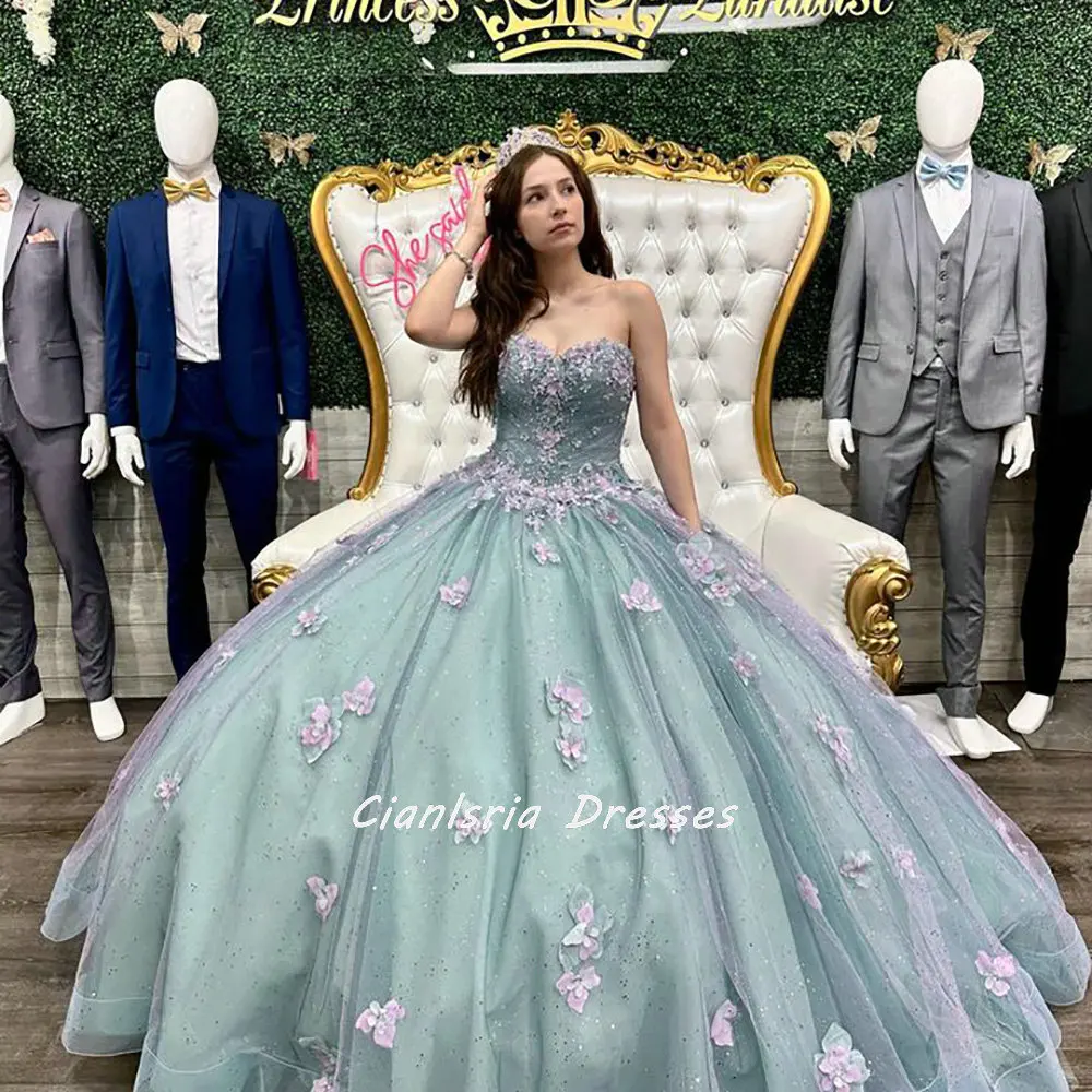 Hortelã verde querida arco bola vestido quinceanera vestidos rosa flores apliques lantejoulas corset vestidos de xv anos