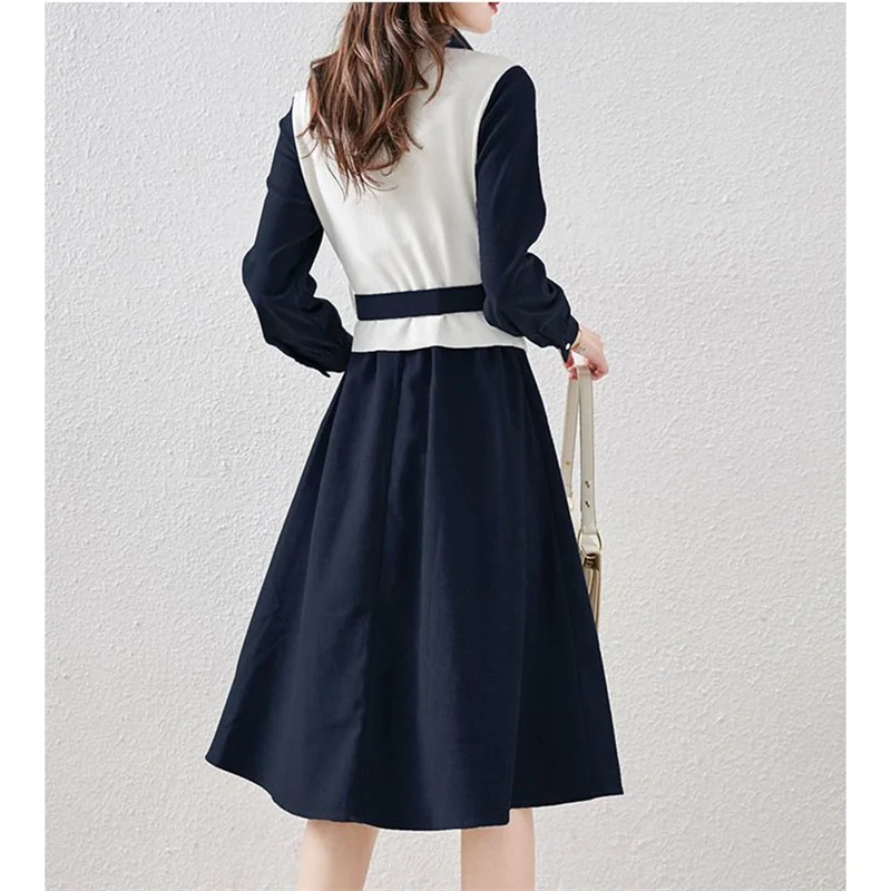Temperament Long Sleeve Dress For Women 2025 New Spring Autumn Trendy Belt Dresses Office Ladies Elegant Fake Two-piece Vestidos