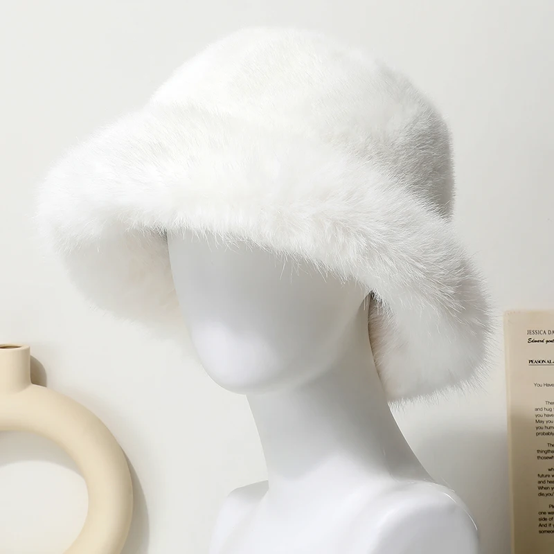Große Faux Pelz Eimer Hut für Frauen Dicke Plüsch Warme Schöne Flauschigen Winter Hut Dame Luxus Mode Pelzigen Panama Fischer Kappe – Detail 6